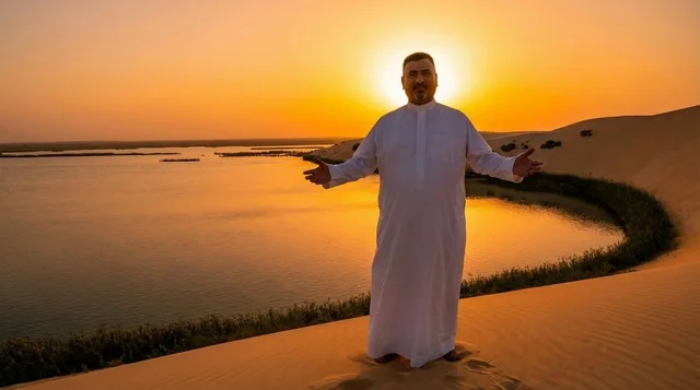 رجل سعودي بالثوب التقليدي عند بحيرة صحراوية وقت الغروب