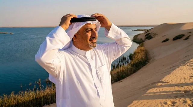 رجل سعودي بالزي التقليدي في الصحراء وقت الغروب