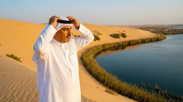 رجل سعودي بالثوب التقليدي عند بحيرة في الصحراء