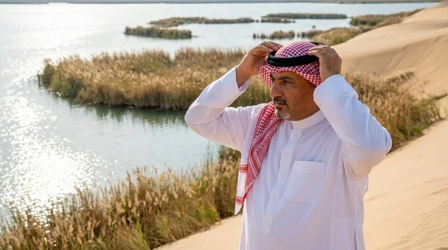 Saudi Man in Traditional Dress at Al-Asfar Lake