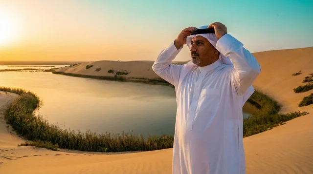 Saudi Man in Traditional Thobe at Desert Lake Sunset
