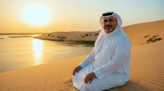 رجل سعودي باللباس التقليدي يجلس على الكثبان الرملية وقت الغروب