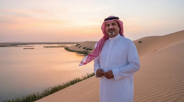 رجل سعودي عند بحيرة الأصفر وقت الغروب
