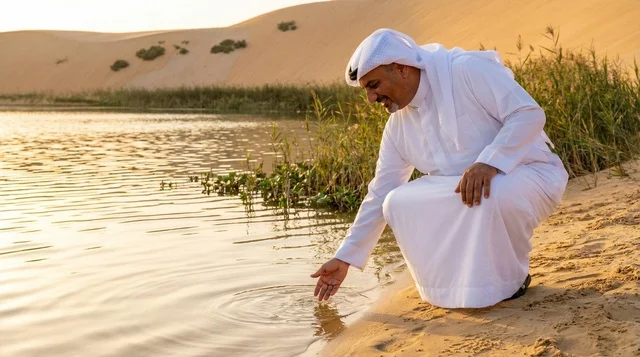 Qatari Man in Traditional Dress by Desert Lake at Sunset