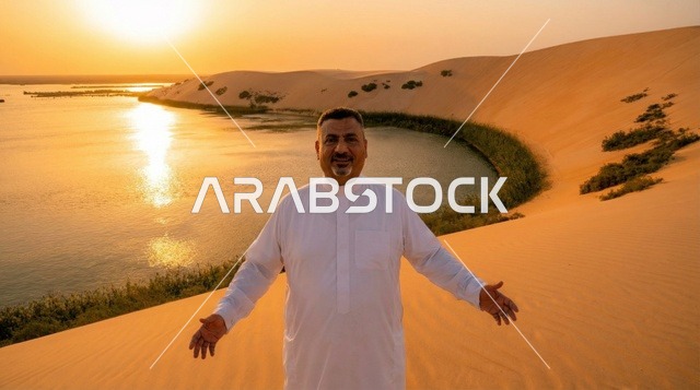 رجل سعودي بالثوب عند بحيرة صحراوية وقت الغروب