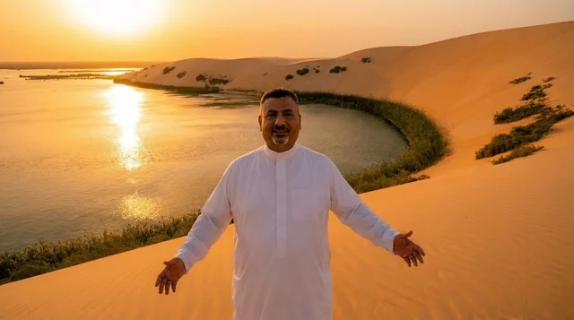 رجل سعودي بالثوب عند بحيرة صحراوية وقت الغروب