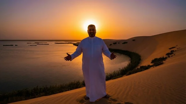 رجل سعودي بالثوب عند بحيرة صحراوية وقت الغروب