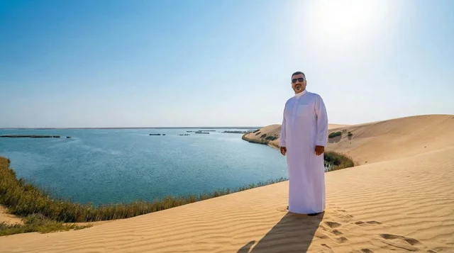 رجل سعودي بالثوب التقليدي عند بحيرة واحة صحراوية