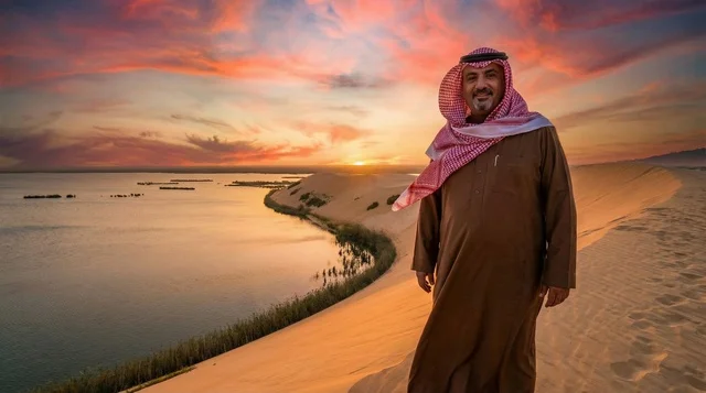 رجل سعودي بالزي التقليدي عند بحيرة صحراوية وقت الغروب
