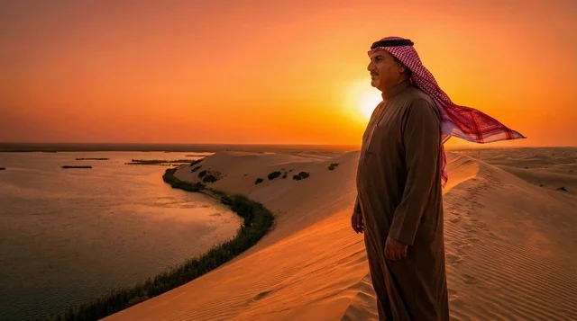 رجل سعودي عند بحيرة الأصفر في وقت الغروب