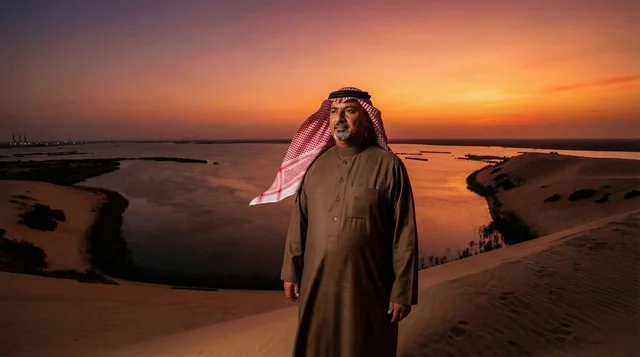 رجل سعودي بلباس تقليدي عند بحيرة صحراوية وقت الغروب