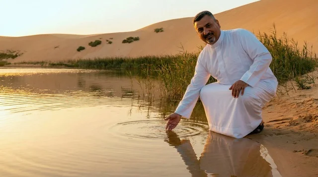 Saudi Man in Traditional Thobe by Desert Lake at Sunset