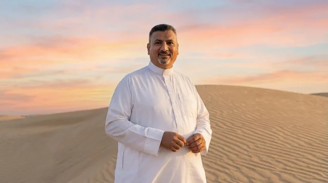 رجل سعودي بالثوب الأبيض في الصحراء وقت الغروب