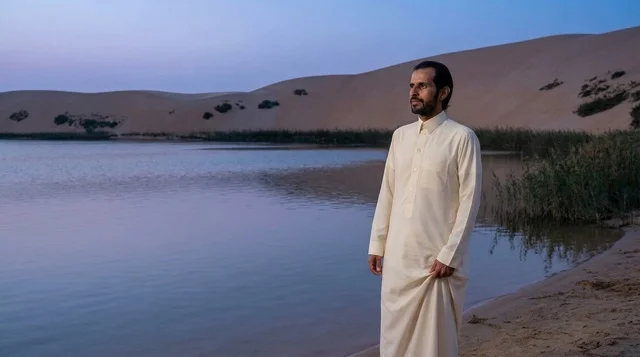 رجل سعودي بالثوب في بحيرة صحراوية وقت الغسق