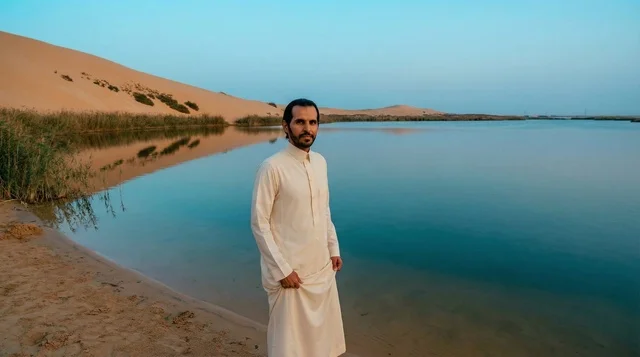 رجل سعودي بالثوب بجانب بحيرة صحراوية