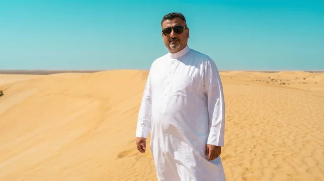 رجل عربي بالثوب الأبيض فوق الكثبان الرملية الصحراوية