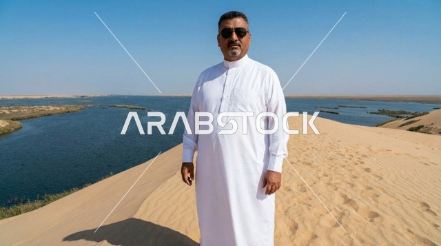 رجل سعودي بالثوب الأبيض عند بحيرة صحراوية
