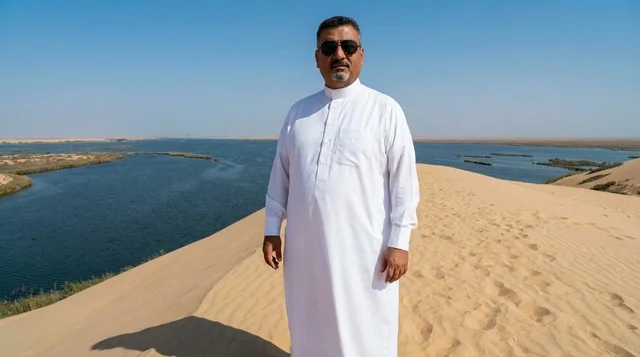 Saudi Man in White Thobe at Desert Lake