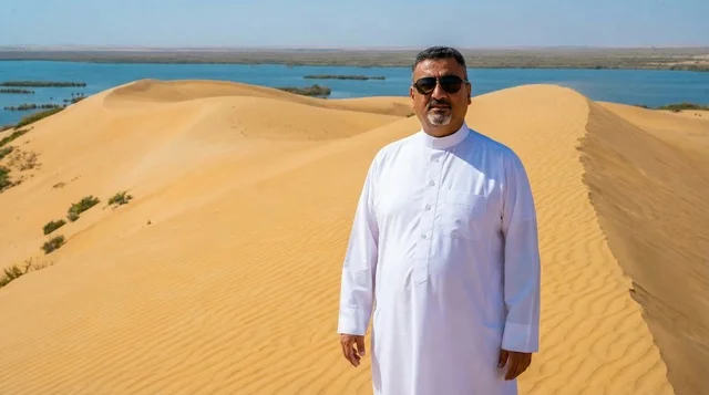 رجل عربي بالثوب الأبيض فوق الكثبان الرملية