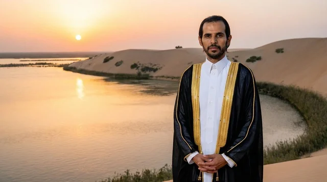 Saudi Man in Traditional Bisht at Desert Lake Sunset