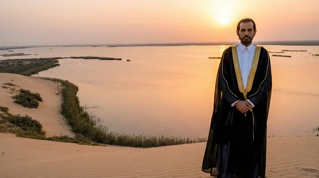 رجل سعودي بالبشت التقليدي عند بحيرة صحراوية وقت الغروب
