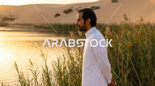 رجل سعودي بالثوب التقليدي عند بحيرة صحراوية وقت الغروب