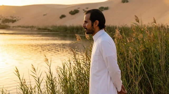 Saudi Man in Thobe at Desert Lake Sunset