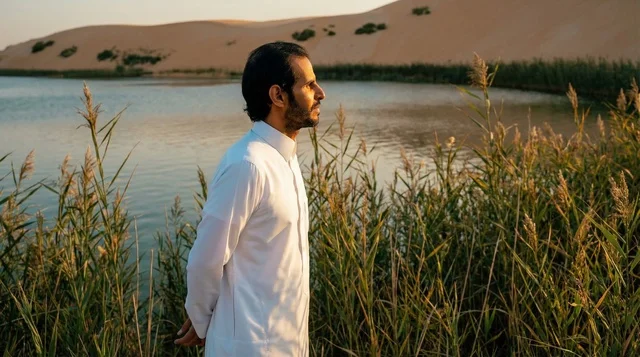 رجل سعودي بالثوب التقليدي عند بحيرة صحراوية وقت الغروب