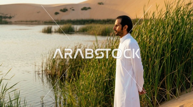 رجل سعودي بالثوب الأبيض عند بحيرة واحة صحراوية