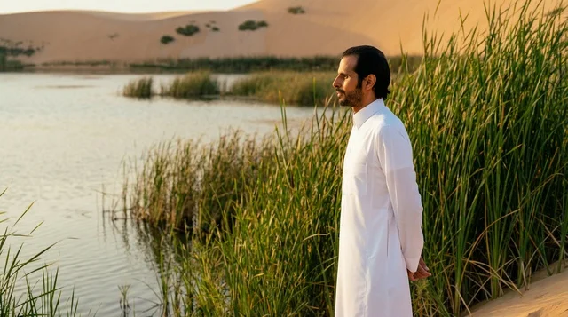 رجل سعودي بالثوب الأبيض عند بحيرة واحة صحراوية