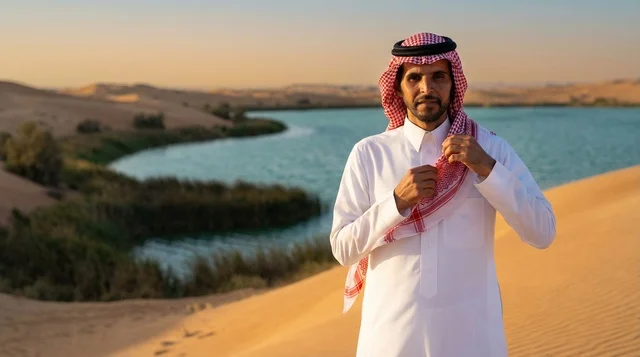 رجل سعودي بالزي التقليدي في واحة صحراوية