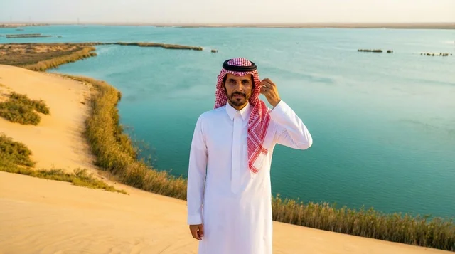 Saudi Man in Traditional Dress at Desert Lake