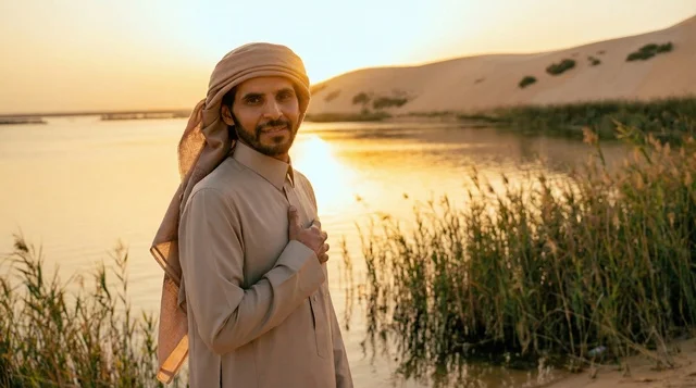 رجل سعودي بالزي التقليدي عند بحيرة صحراوية وقت الغروب