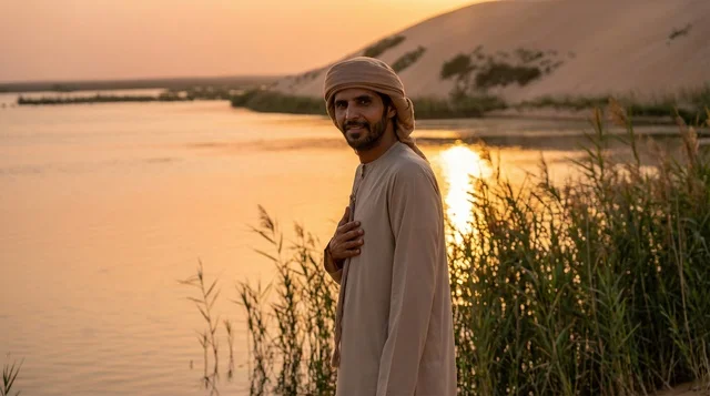 Emirati Man in Traditional Dress at Desert Lake Sunset