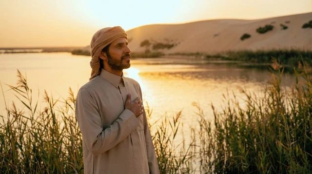 رجل سعودي بالزي التقليدي عند بحيرة صحراوية وقت الغروب