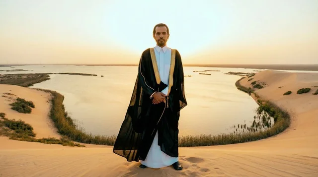 Saudi Man in Traditional Bisht at Desert Lake Sunset