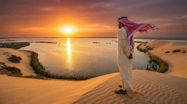 Saudi Man in Traditional Dress at Desert Lake Sunset