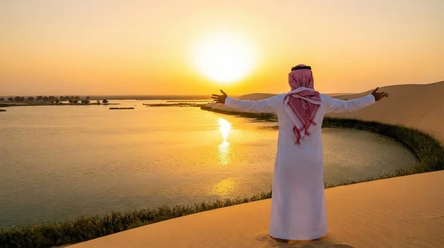 رجل سعودي باللباس التقليدي عند بحيرة صحراوية وقت الغروب