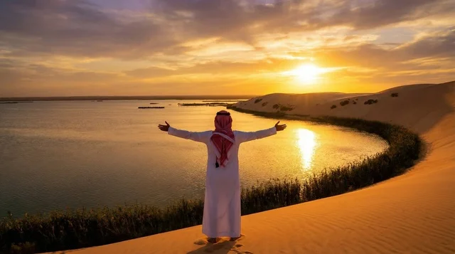 رجل سعودي عند بحيرة صحراوية وقت غروب الشمس