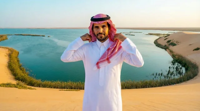 Saudi Man in Traditional Dress at Desert Lake