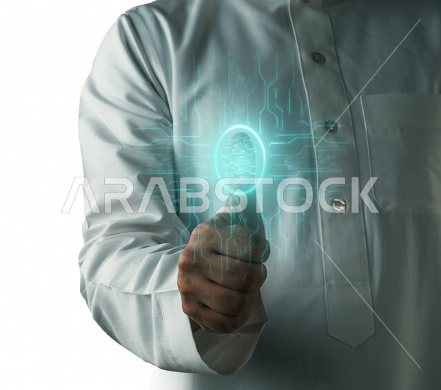صورة مقربة ليد رجل عربي خليجي سعودي يضغط بأصبعه بإشارة بصمة مضيئة على لوحة دائرة كهربائية الكترونية من خلال خاصية الهولوجرام ثلاثية الأبعاد ، رموز رقمية الكترونية 
