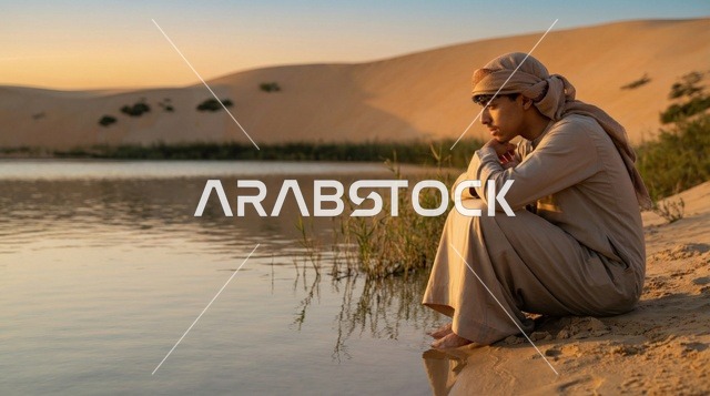 شاب إماراتي يجلس عند واحة في الصحراء وقت الغروب الذهبي