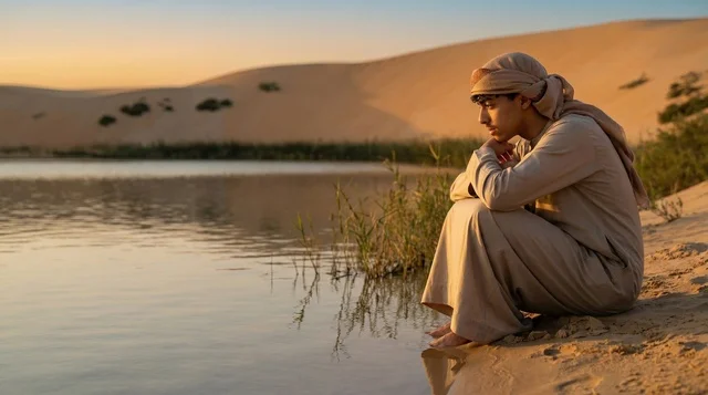 Emirati Man Sitting by Desert Oasis at Golden Hour Sunset