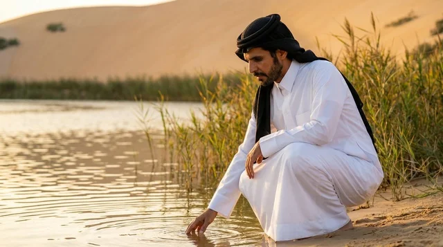 Saudi Man in Traditional Thobe at Desert Lake