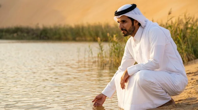 رجل سعودي بالثوب التقليدي عند بحيرة في الصحراء