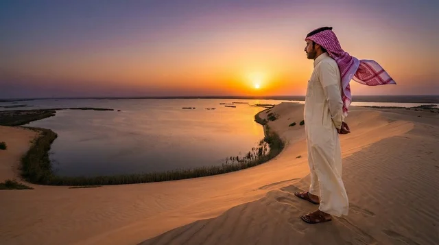 رجل سعودي في بحيرة الأصفر وقت الغروب