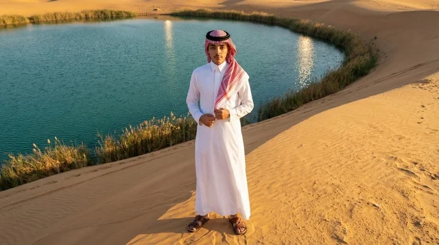 Saudi Man in Traditional Thobe at Desert Oasis