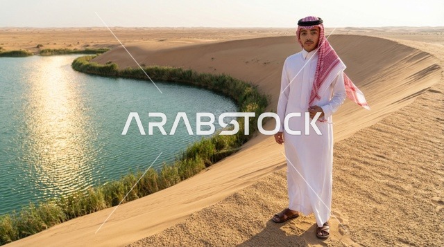 رجل سعودي في واحة صحراوية عند غروب الشمس