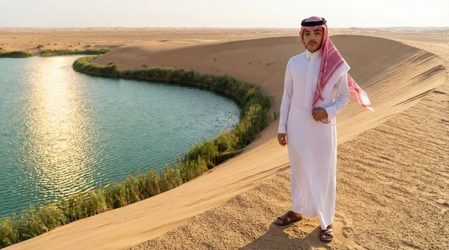 Saudi Man at Desert Oasis during Golden Hour