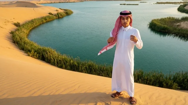 شاب سعودي بالزي التقليدي عند واحة صحراوية